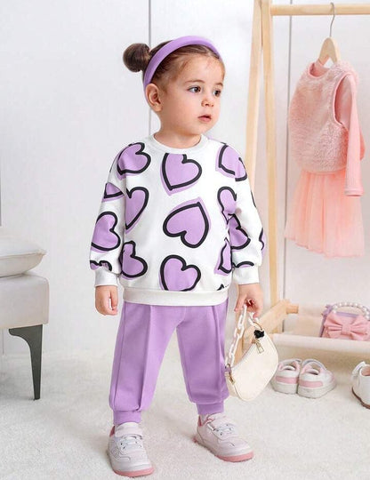 Girls Cozy Heart Design Purple And White Winter Co-Ord Set