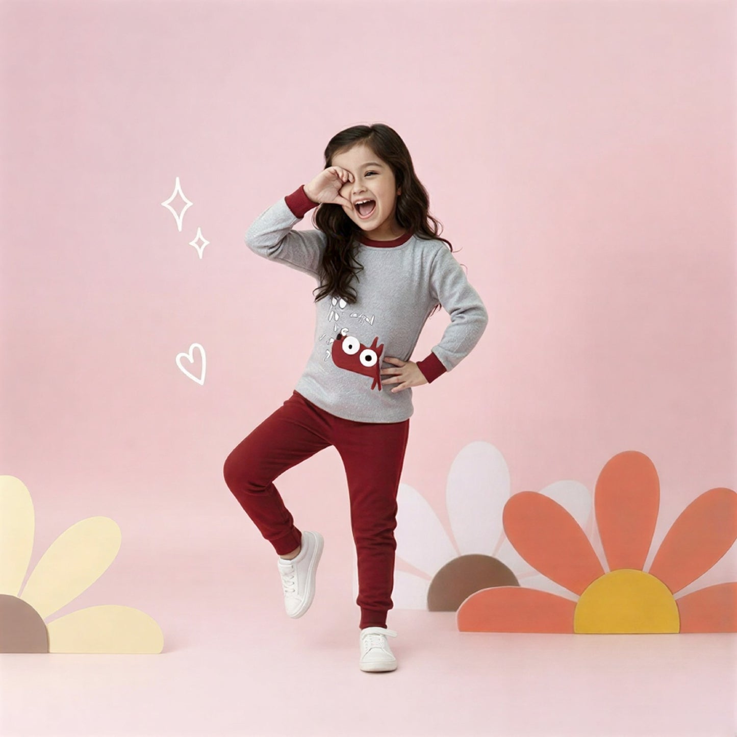 Grey And Maroon I Think Puppy Print Kids Wear