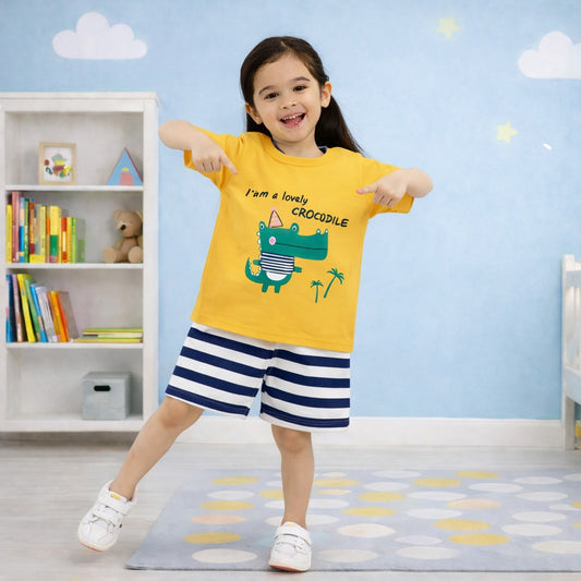 201- Yellow White Crocodile Print Kids Short