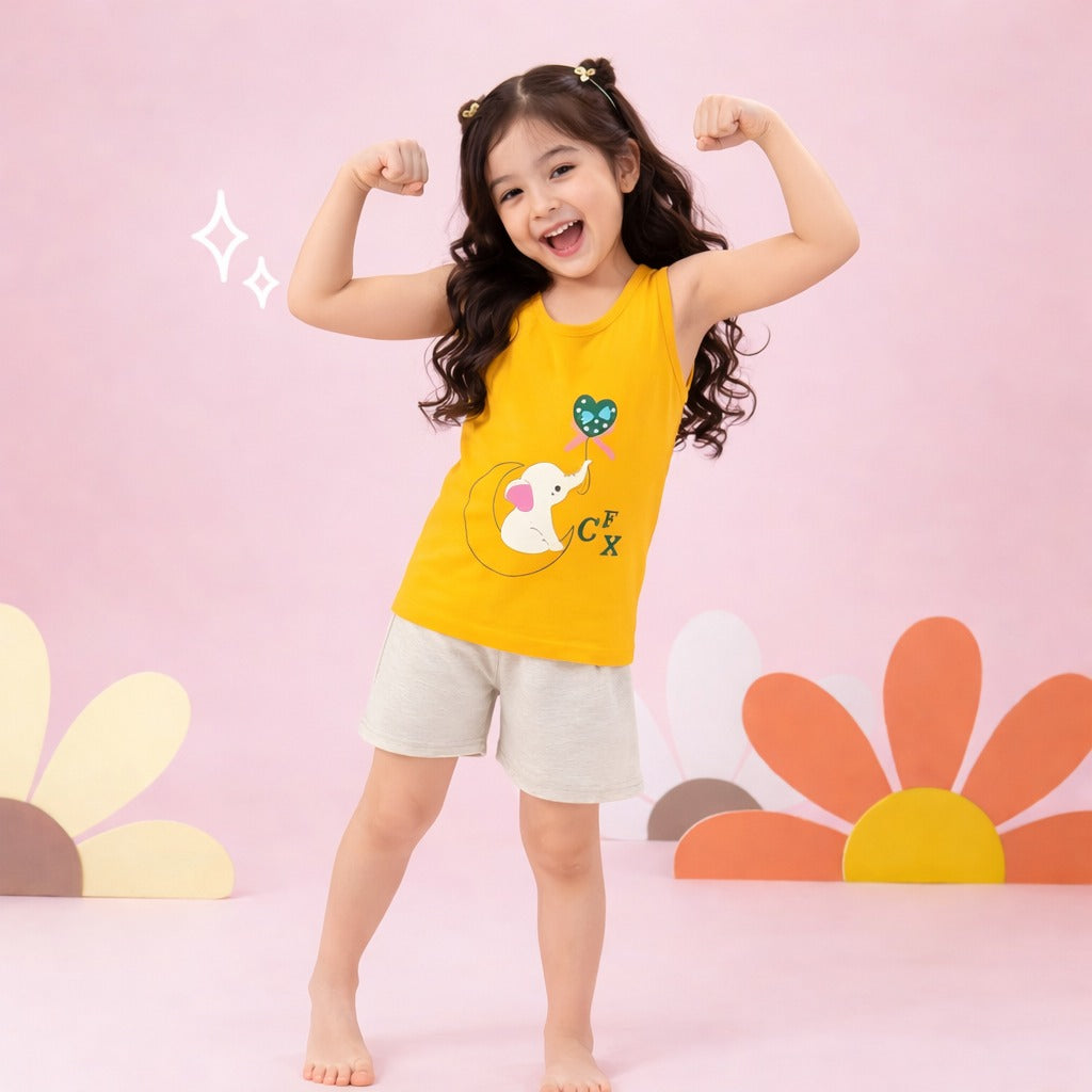 Yellow Elephant Printed Sleeveless Kids Wear