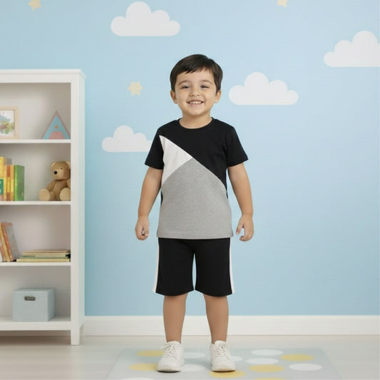 BLACK PANEL T-SHIRT SHORTS SET