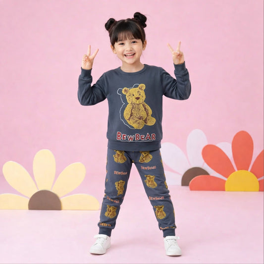 Dark Grey Teddy Bear Cartoon Printed Kids Wear
