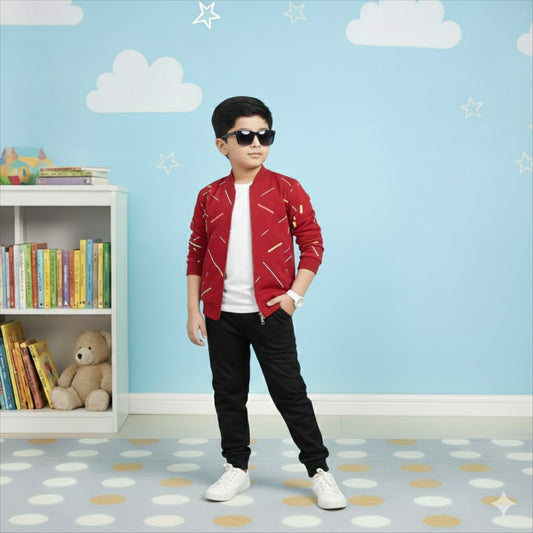 Kids Red Printed Zipper with Warm Black Trouser