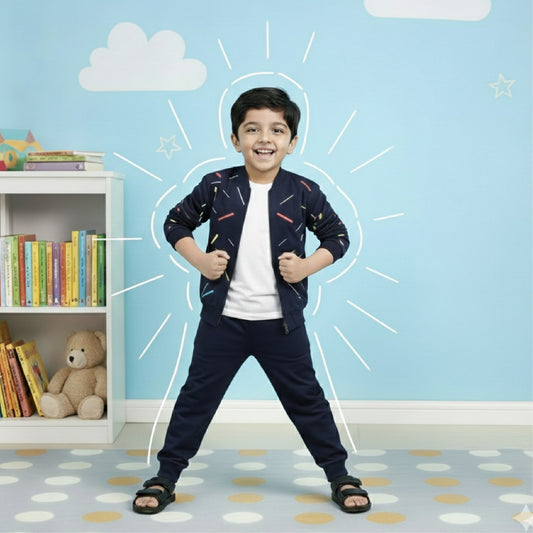 Kids Blue Printed Zipper with Warm Blue Trouser
