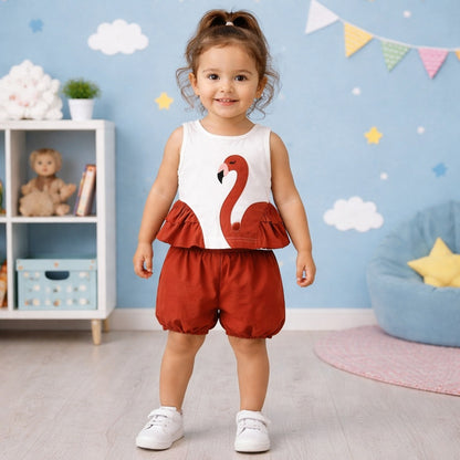 Toddler Girls Flamingo Summer Co-Ord Set – Cute Ruffle Top & Balloon Shorts Outfit (1–4 Years)