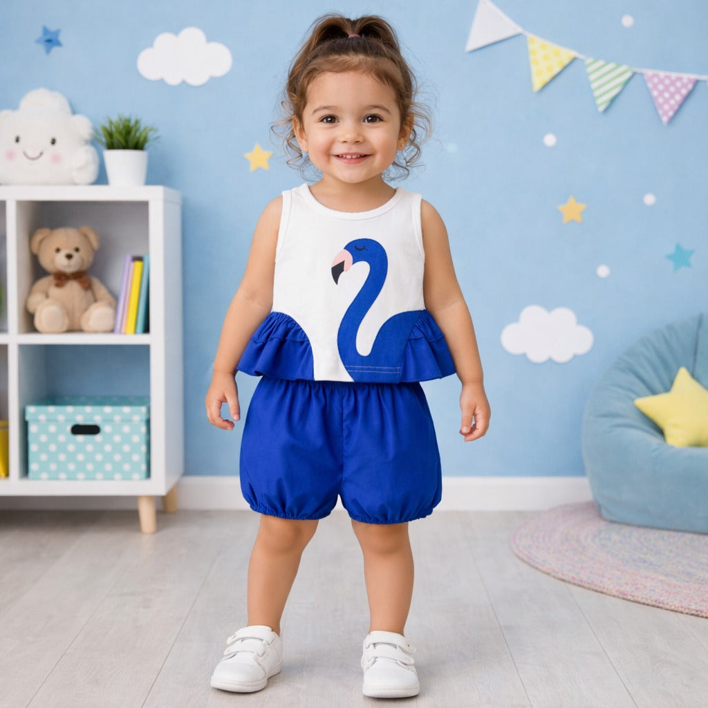 Toddler Girls Flamingo Summer Co-Ord Set – Ruffle Top & Balloon Shorts Outfit (Blue Edition, 1–4 Years)