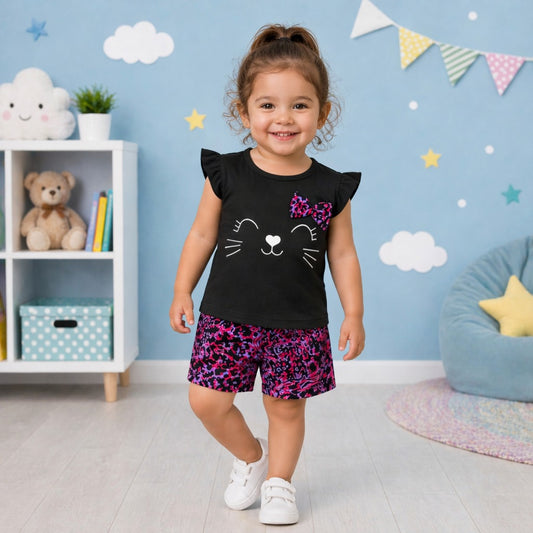 Toddler Girls Cat Print Summer Co-Ord Set – Cute Black Top & Printed Shorts Outfit