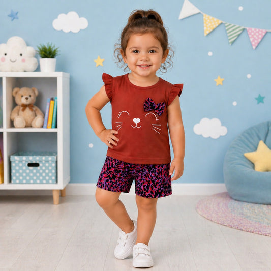 Toddler Girls Cat Print Summer Co-Ord Set – Cute Ruffle Top & Printed Shorts Outfit (Red Edition, 1–6 Years)