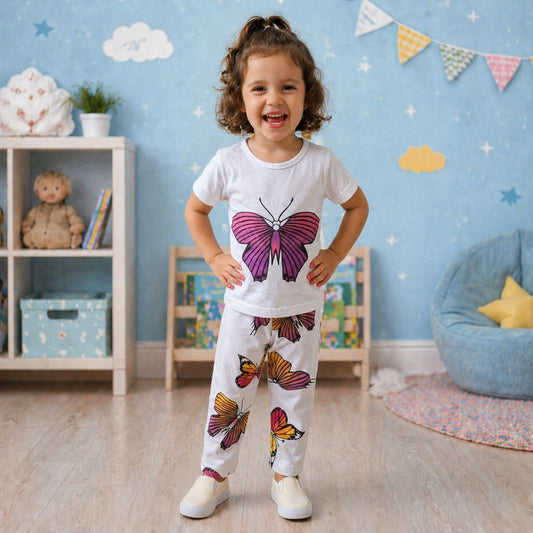 Girls Butterfly Print Pajama Set – Soft Cotton Kids Nightwear | Cute & Comfy Sleepwear Loungewear