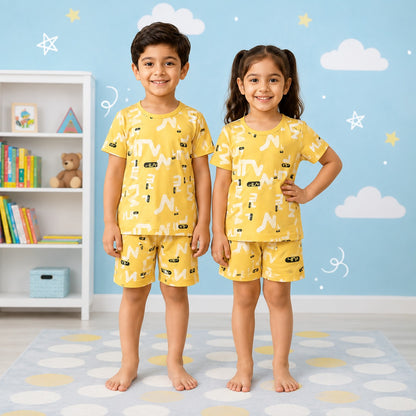 Kids Summer Doodle Print Co-Ord Set Unisex Short-Sleeve T-Shirt and Shorts Cotton Pajama Set (Mustard Yellow)