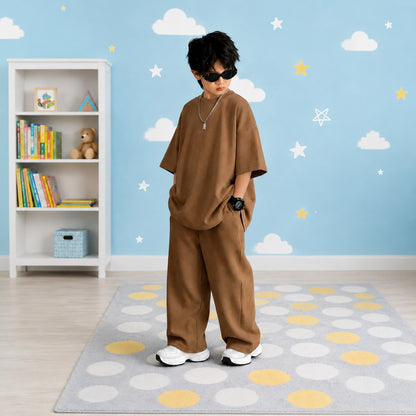 Kids Earthy Oversized Loungewear Co-Ord Set Unisex Drop-Shoulder Tee & Wide-Leg Trousers Tracksuit (Camel Brown)