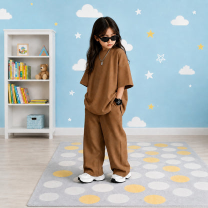 Kids Earthy Oversized Loungewear Co-Ord Set Unisex Drop-Shoulder Tee & Wide-Leg Trousers Tracksuit (Camel Brown)