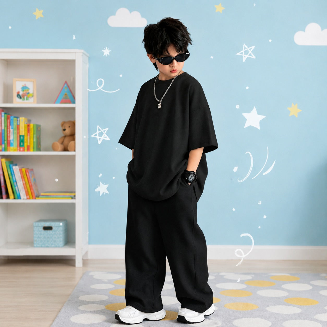 Kids Cool & Comfy Oversized Co-Ord Set Unisex Drop-Shoulder Tee and Wide-Leg Pants Tracksuit (Jet Black)