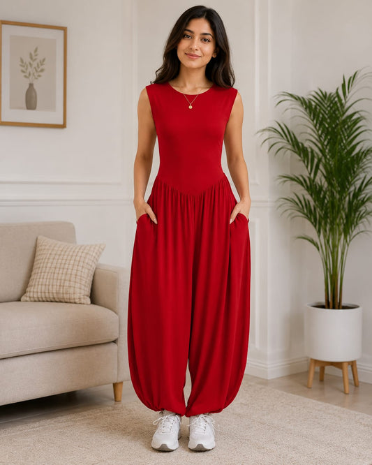 Women's Cherry Red Sleeveless Casual Jumpsuit