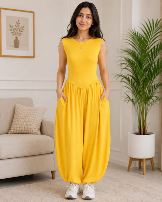 Women's Mustard Yellow Casual Sleeveless Jumpsuit