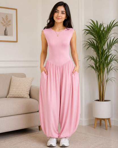 Women's Baby Pink Casual Sleeveless Jumpsuit