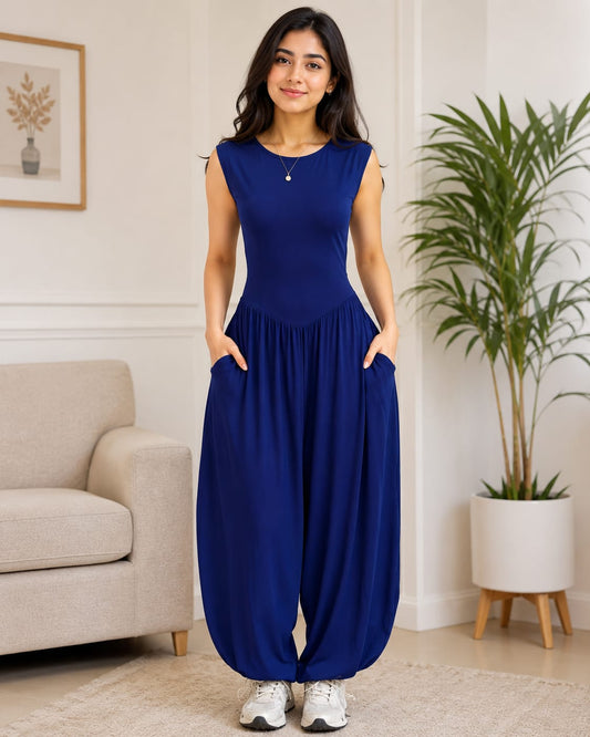 Women's Navy Blue Sleeveless Casual Jumpsuit