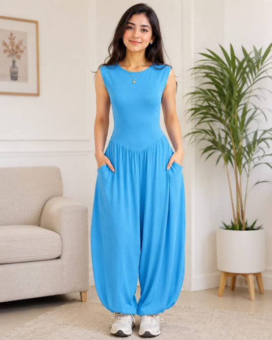 Women's Sky Blue Casual Sleeveless Jumpsuit