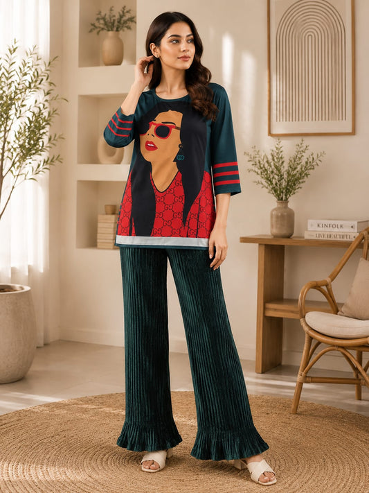 Teal Graphic Print Top & Pleated Palazzo Co-ord Set
