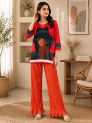 Red Graphic Print Top & Orange Pleated Palazzo Co-ord Set