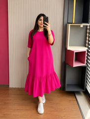 Hot Pink Ruffle Hem Midi Dress