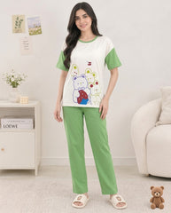 Green Teddy Print Pajama Set