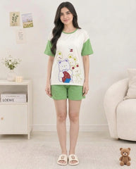 Green Teddy Print Short Set
