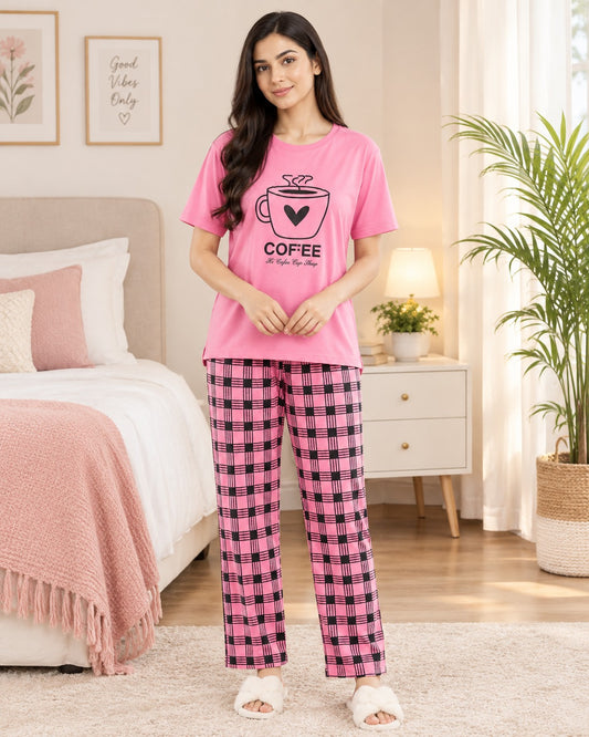 Pink Coffee Check Pajama Set