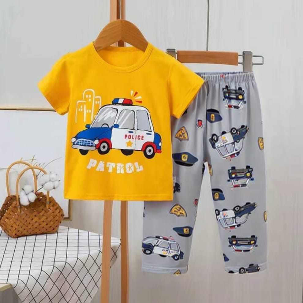 Yellow Car Printed Half Sleeves Baby And Baba