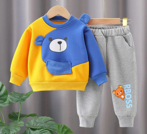 Yellow With Blue Bear Sweatshirt With Trouser For Kids