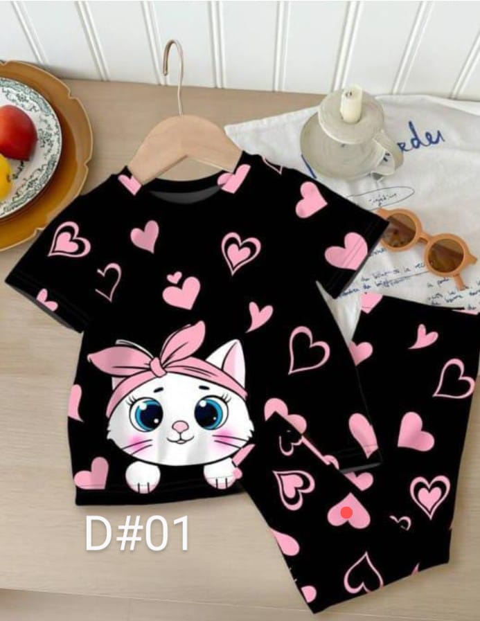 Black Kitty With Pink Hearts Printed Kids Wear