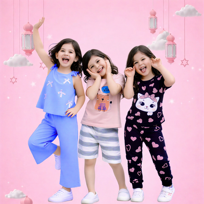 Girls Cute Cartoon Printed Summer Co-Ord Set (3 Designs)