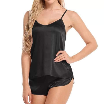 Black Women Sexy Satin Pajamas Sets Short Sling Top with Cami Shorts