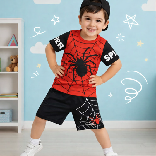 Red & Black Spider Man Print Short Set