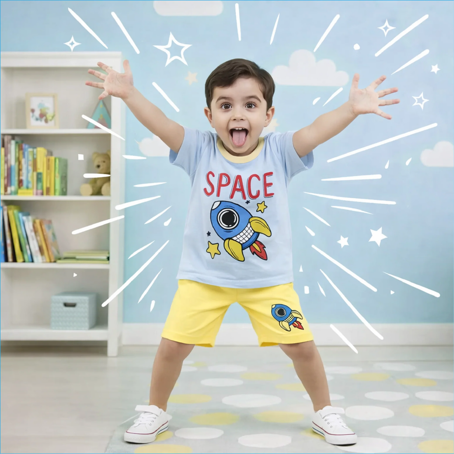 Sky Blue Rocket Printed Kids Short Sleeve Kids Wear