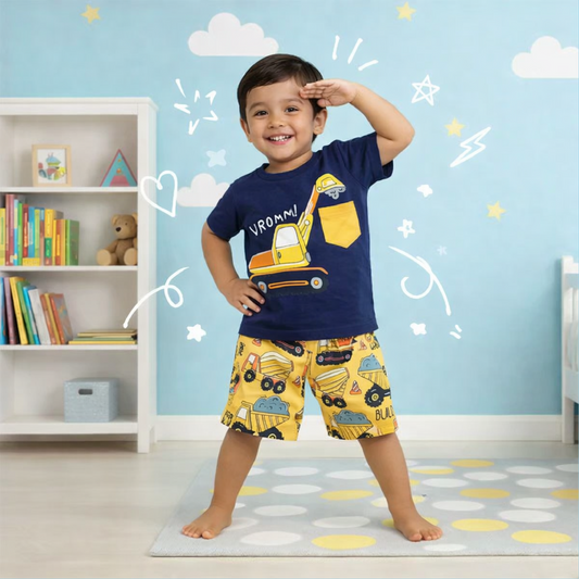 Navy blue excavator print & yellow Short Set