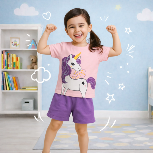 PINK PURPLE UNICORN PRINT SHORT-SLEEVE TEE & SHORTS SET