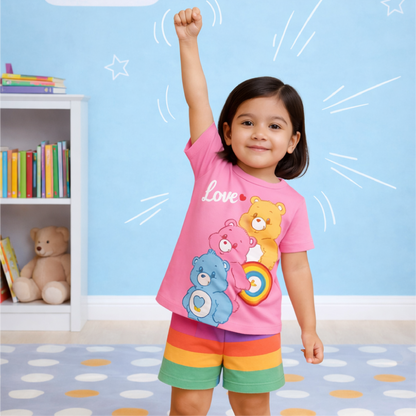 Pink Love Bear Print With Rainbow Print Short