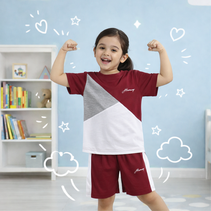 MAROON PANEL T-SHIRT SHORTS SET