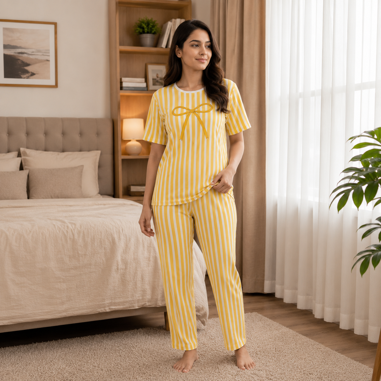 Women's Blue & White Striped Cotton Night Suit Set
