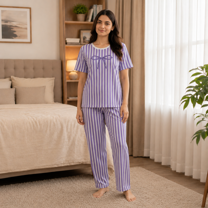 Women's Blue & White Striped Cotton Night Suit Set