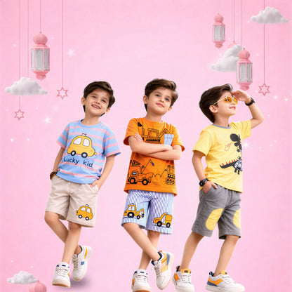 Boys Cartoon Printed Summer Co-Ord Set (Vehicle Theme Collection)