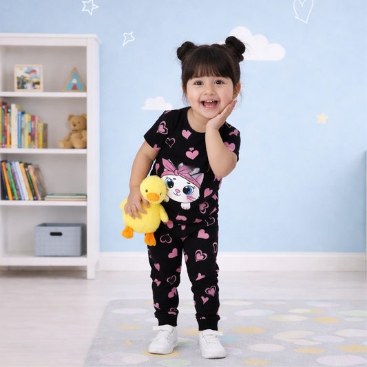 Black Kitty With Pink Hearts Printed Kids Wear