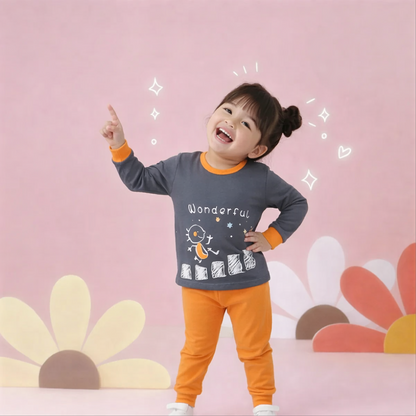 Kids Orange and Grey Wonderful Cartoon Print Kids Wear