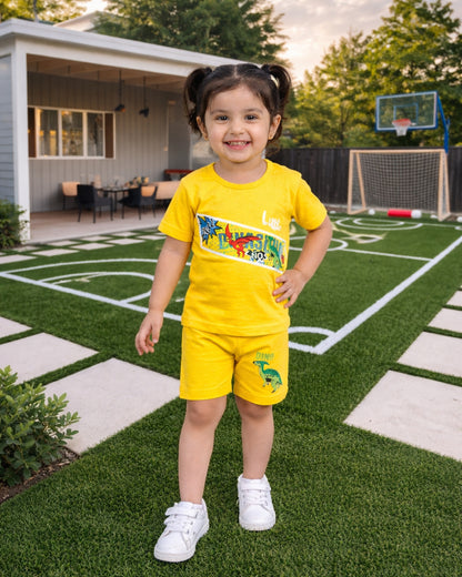 Kids Yellow Dino Print Summer Outfit – Soft Cotton T-Shirt & Shorts Set for Toddlers