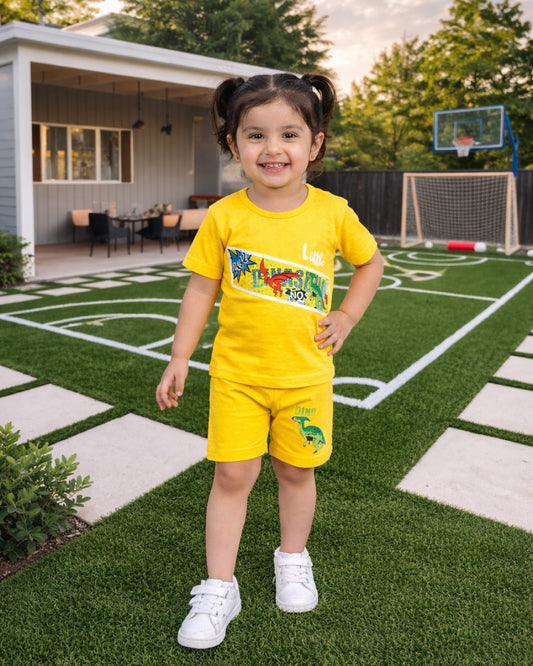 Kids Yellow Dino Print Summer Outfit – Soft Cotton T-Shirt & Shorts Set for Toddlers