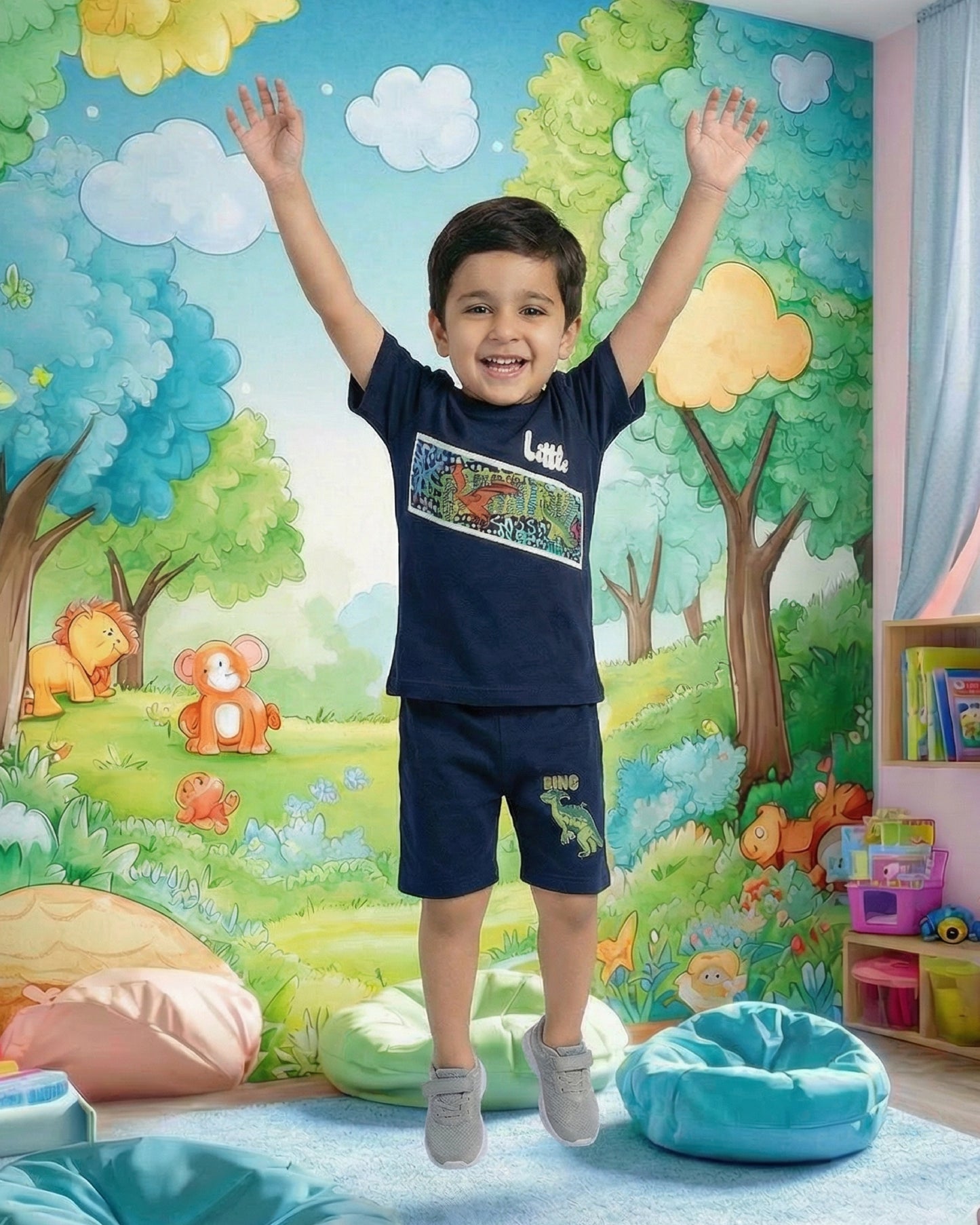 Kids Navy Blue Dino Print Summer Outfit – Soft Cotton T-Shirt & Shorts Set for Boys