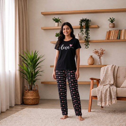 Black Love Printed Half Sleeve Nightsuit